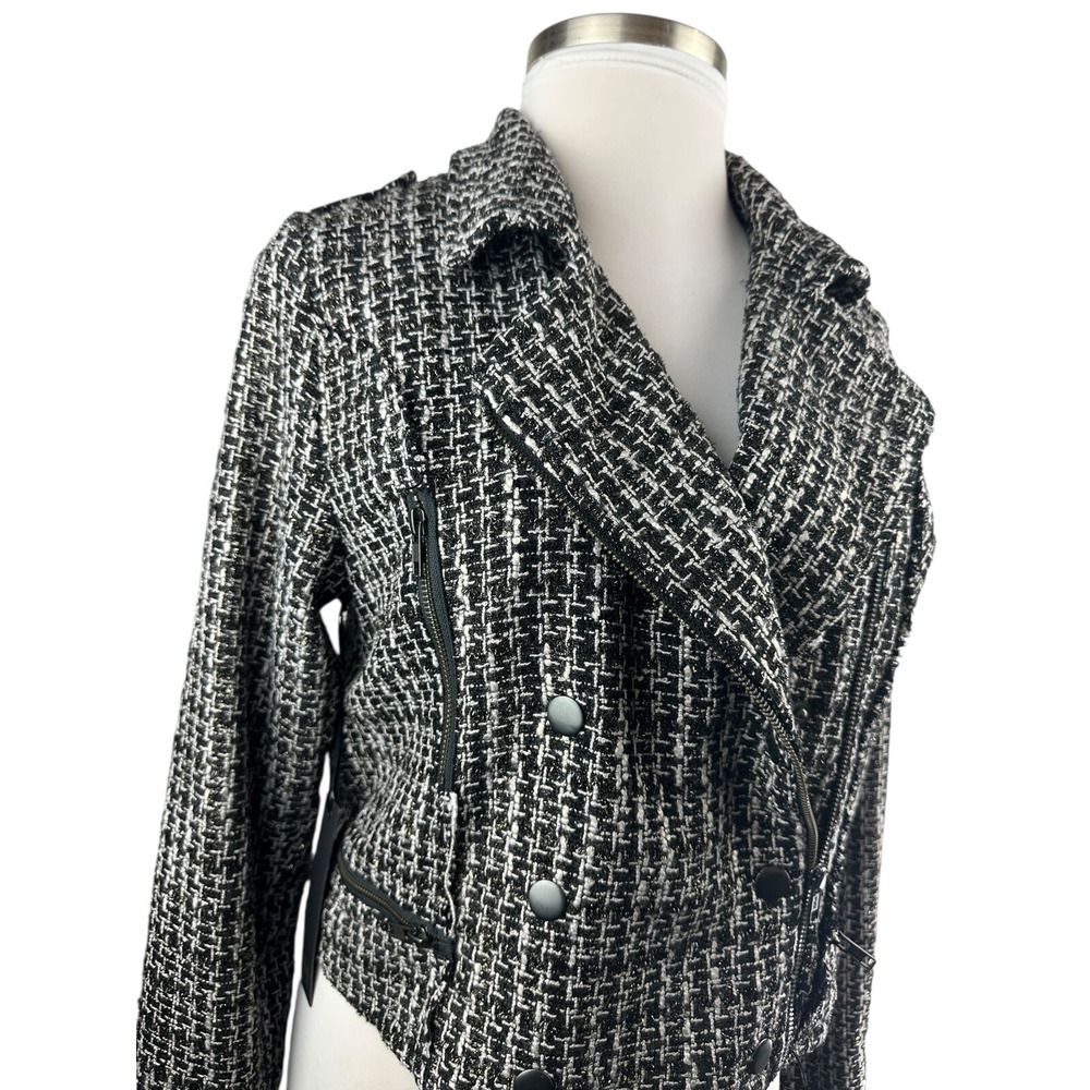 Revolve x House of Harlow Tweed Moto Zip Cropped Jacket XL Blk Wht Biker Chic - Picture 4 of 16
